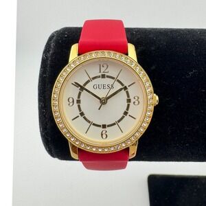 GUESS Women's Gold Watch Crystal Bezel Red Silicone Band GW0469L1 NWT